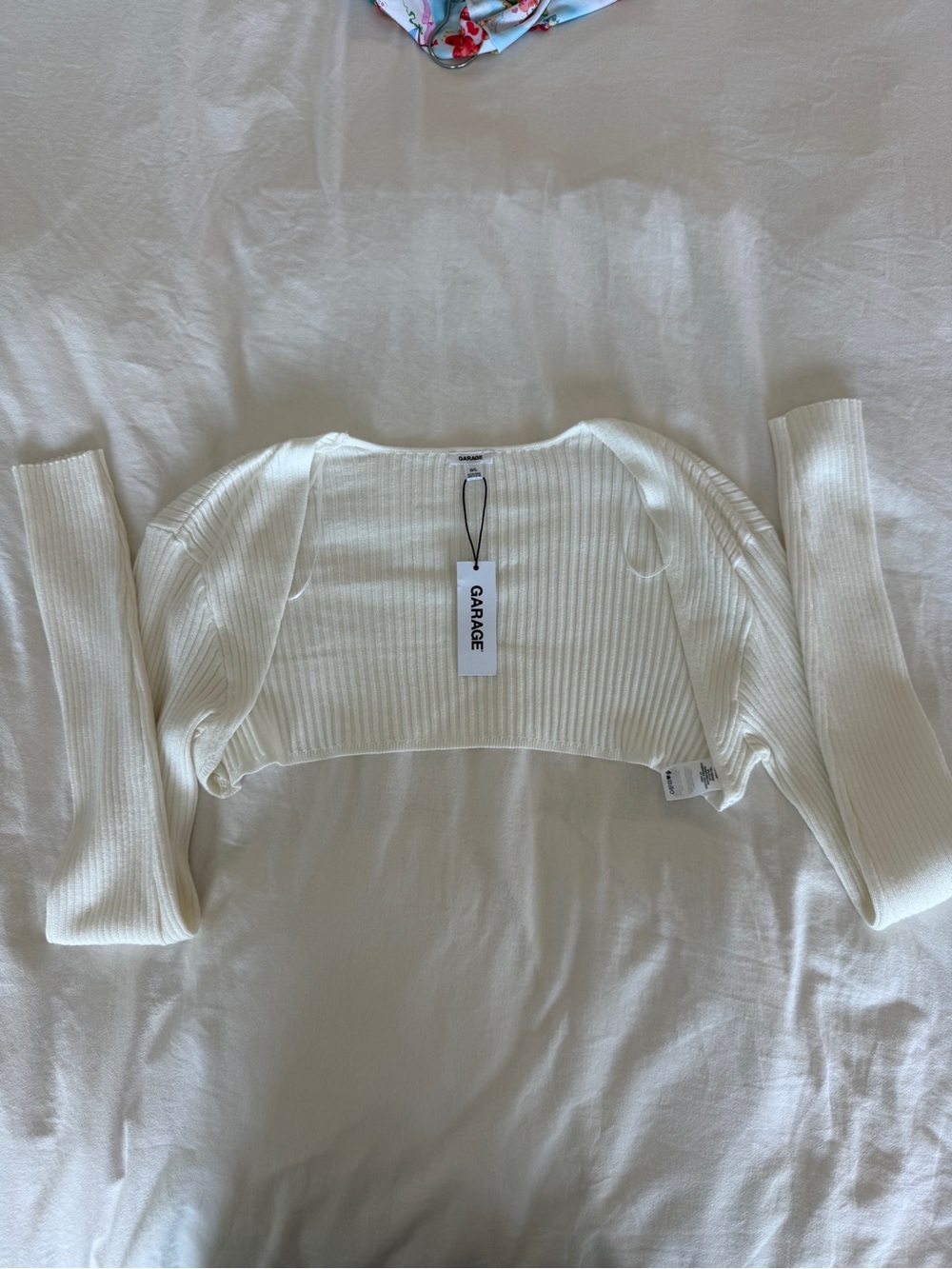 Garage Ribbed Cream Cropped Long-Sleeve Shrug/Bolero